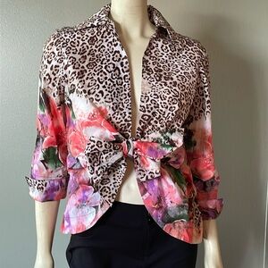 Mishca, leopard and floral print, tie front top. Size M